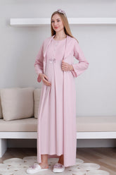 Embroidered Maternity-Nursing Nightgown & Robe Set Powder - 2298