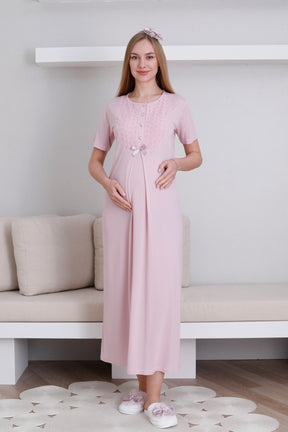 Embroidered Maternity-Nursing Nightgown & Robe Set Powder - 2298
