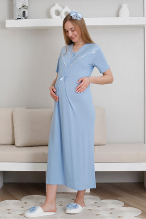 Lace Collar Maternity-Nursing Nightgown & Patterned Robe Set Blue - 2299