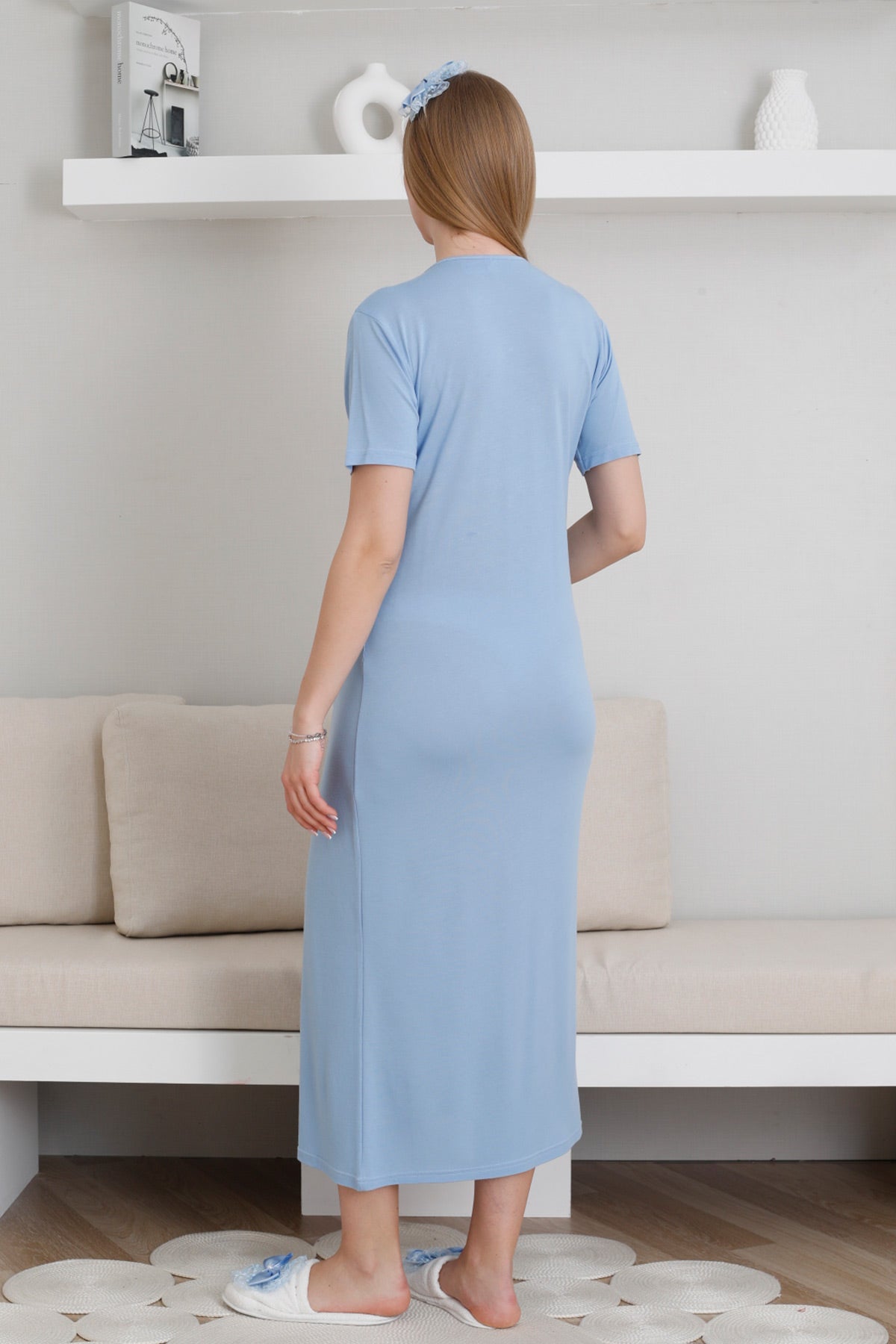 Lace Collar Maternity-Nursing Nightgown & Patterned Robe Set Blue - 2299