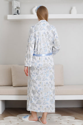 Lace Collar Maternity-Nursing Nightgown & Patterned Robe Set Blue - 2299