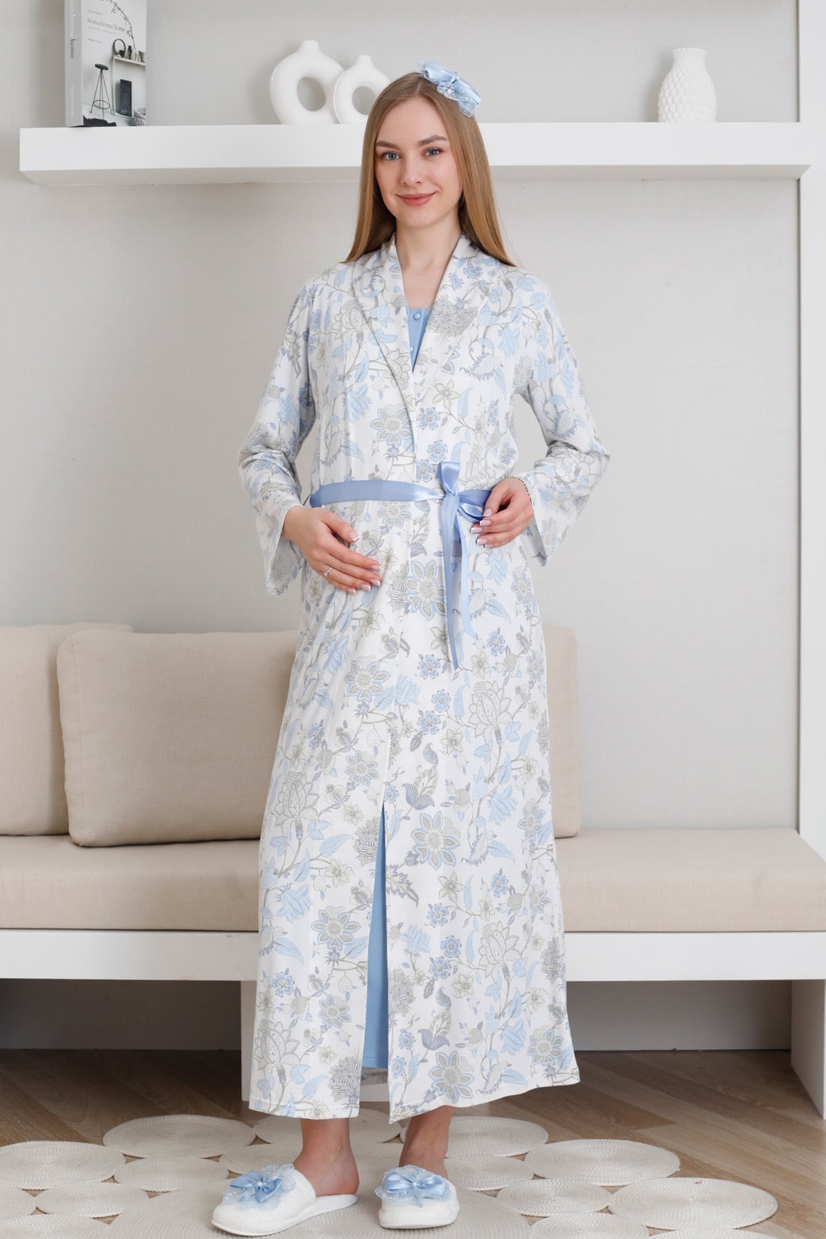 Lace Collar Maternity-Nursing Nightgown & Patterned Robe Set Blue - 2299