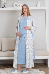 Lace Collar Maternity-Nursing Nightgown & Patterned Robe Set Blue - 2299