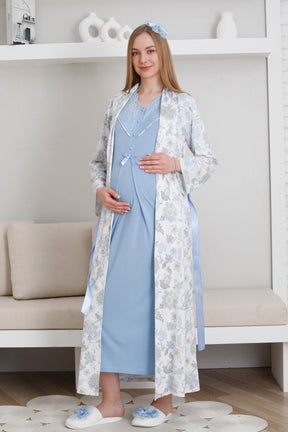 Lace Collar Maternity-Nursing Nightgown & Patterned Robe Set Blue - 2299