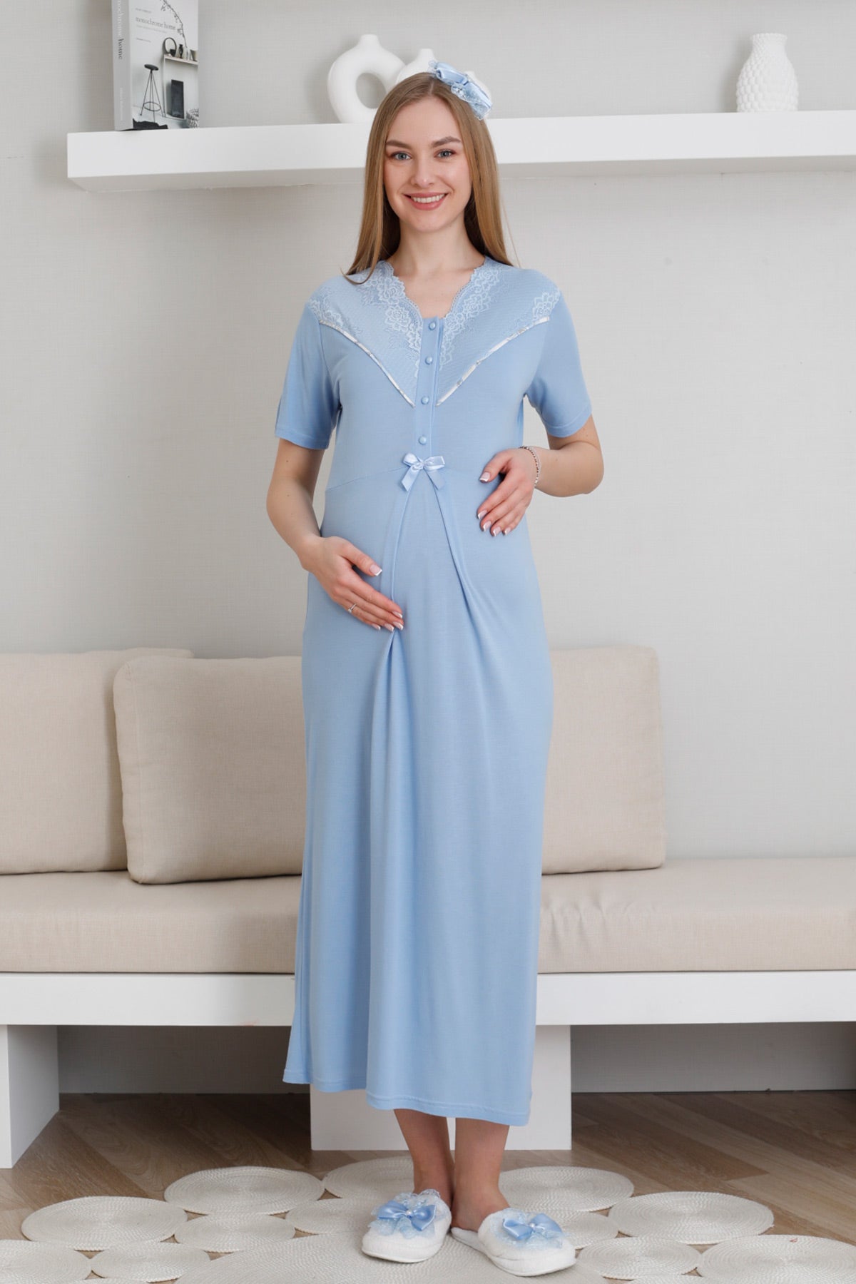 Lace Collar Maternity-Nursing Nightgown & Patterned Robe Set Blue - 2299