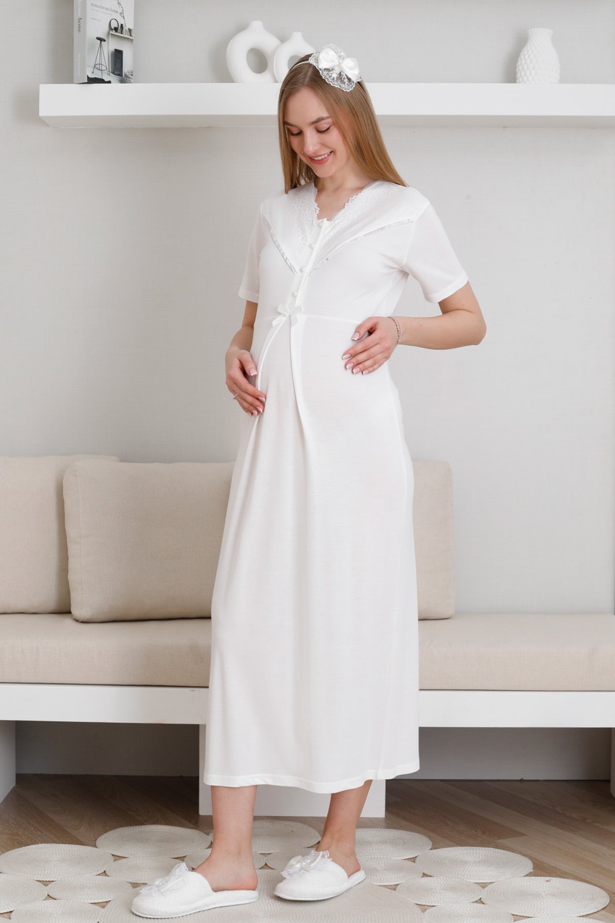 Lace Collar Maternity-Nursing Nightgown & Patterned Robe Set Ecru - 2299