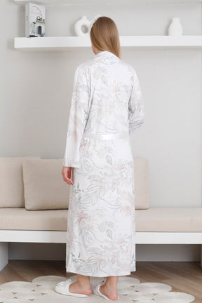 Lace Collar Maternity-Nursing Nightgown & Patterned Robe Set Ecru - 2299
