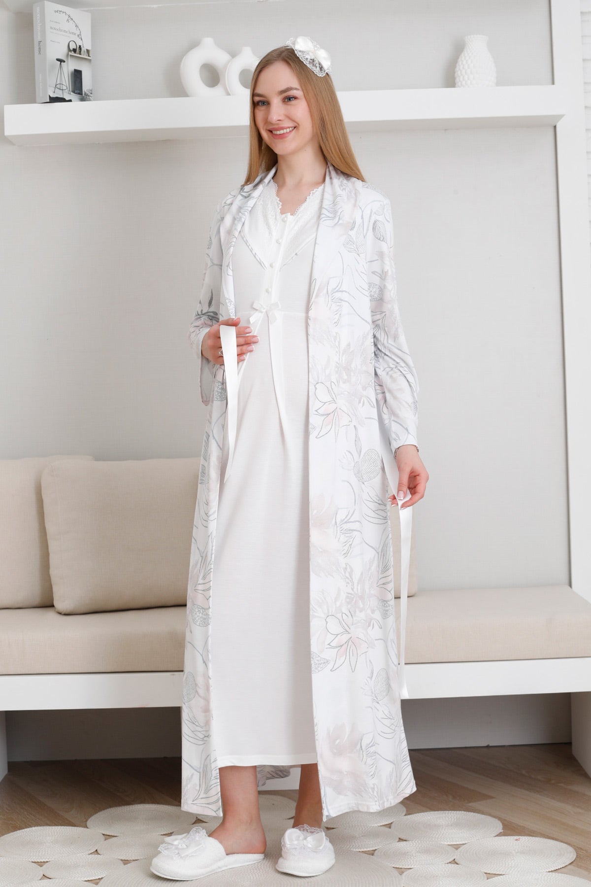 Lace Collar Maternity-Nursing Nightgown & Patterned Robe Set Ecru - 2299