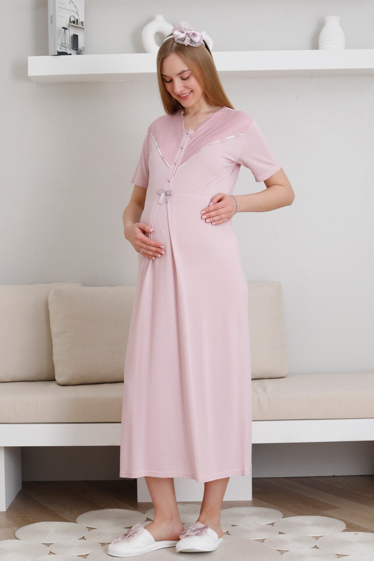 Lace Collar Maternity-Nursing Nightgown & Patterned Robe Set Powder - 2299