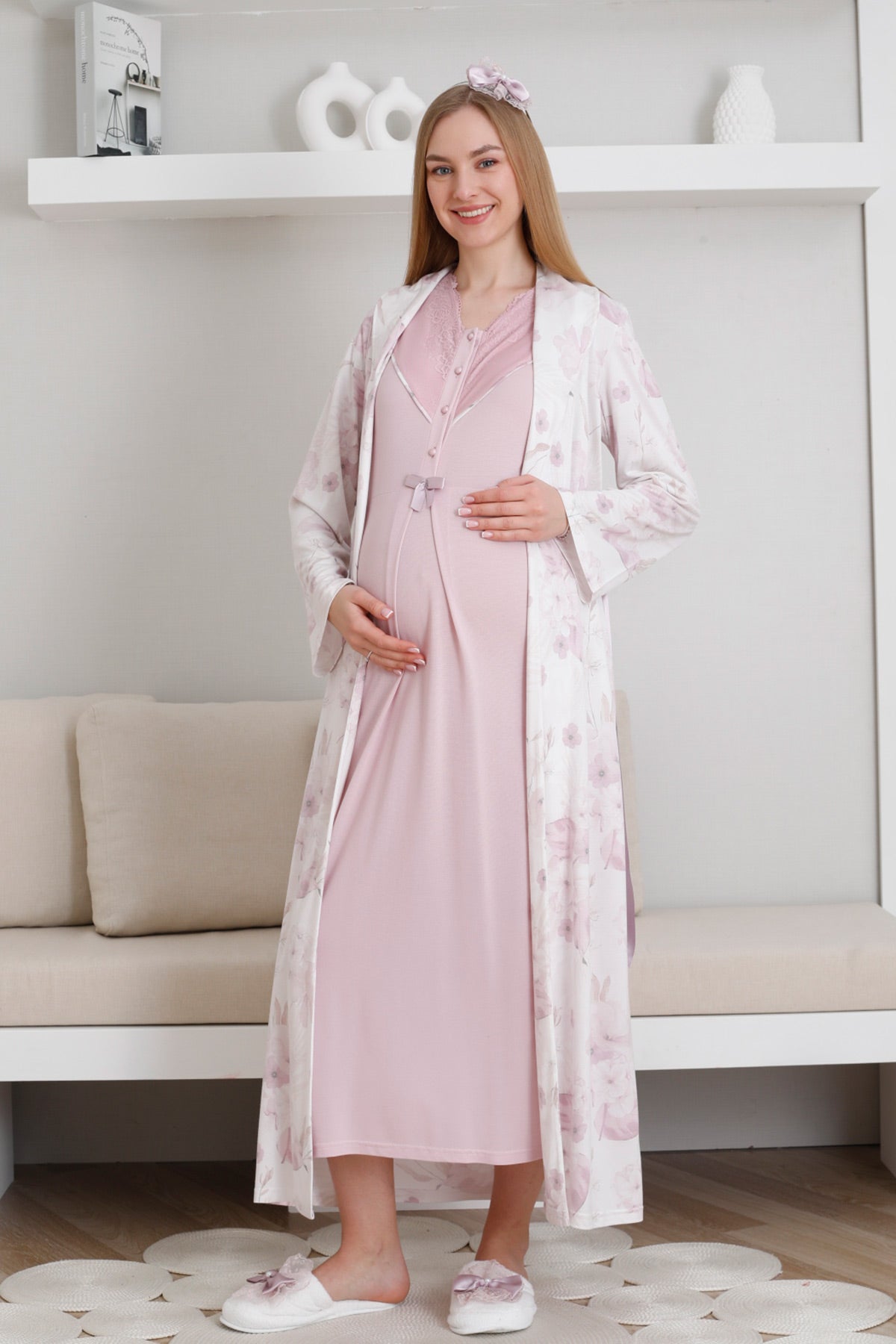 Lace Collar Maternity-Nursing Nightgown & Patterned Robe Set Powder - 2299
