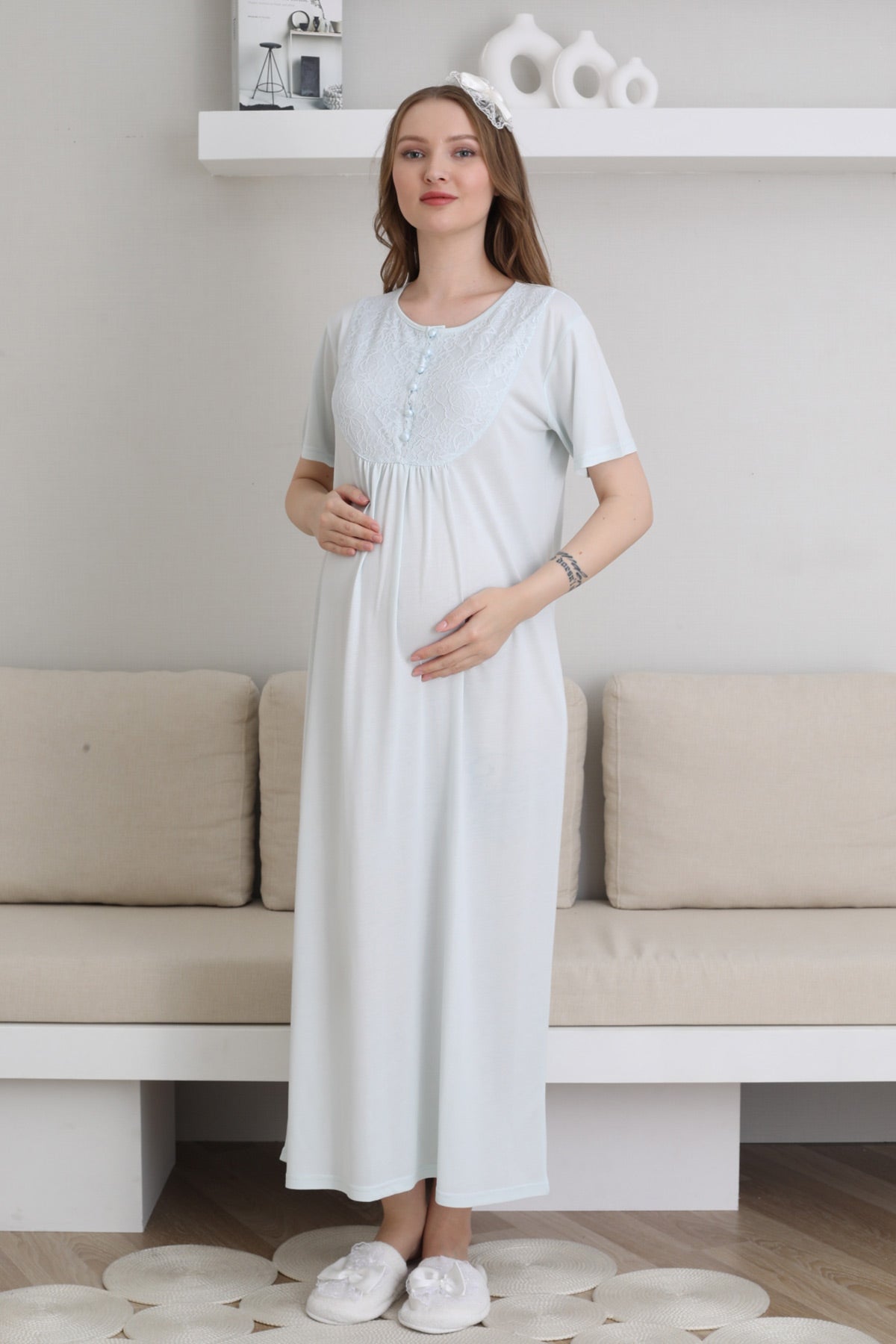 Guipure Collar Maternity-Nursing Nightgown & Patterned Robe Set Blue - 2300