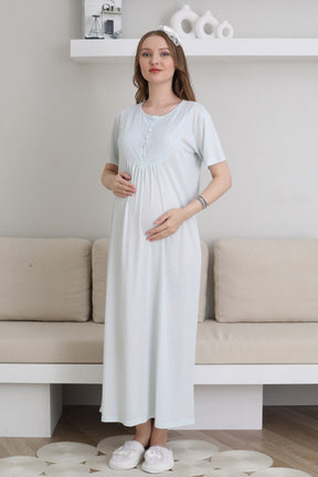 Guipure Collar Maternity-Nursing Nightgown & Patterned Robe Set Blue - 2300