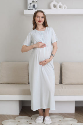 Guipure Collar Maternity-Nursing Nightgown & Patterned Robe Set Blue - 2300