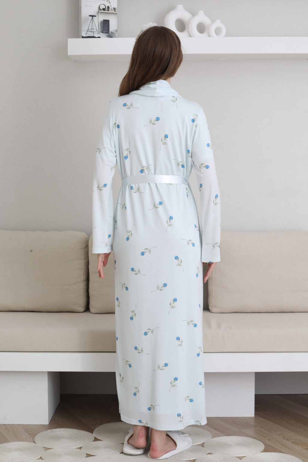 Guipure Collar Maternity-Nursing Nightgown & Patterned Robe Set Blue - 2300