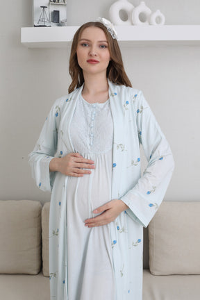 Guipure Collar Maternity-Nursing Nightgown & Patterned Robe Set Blue - 2300