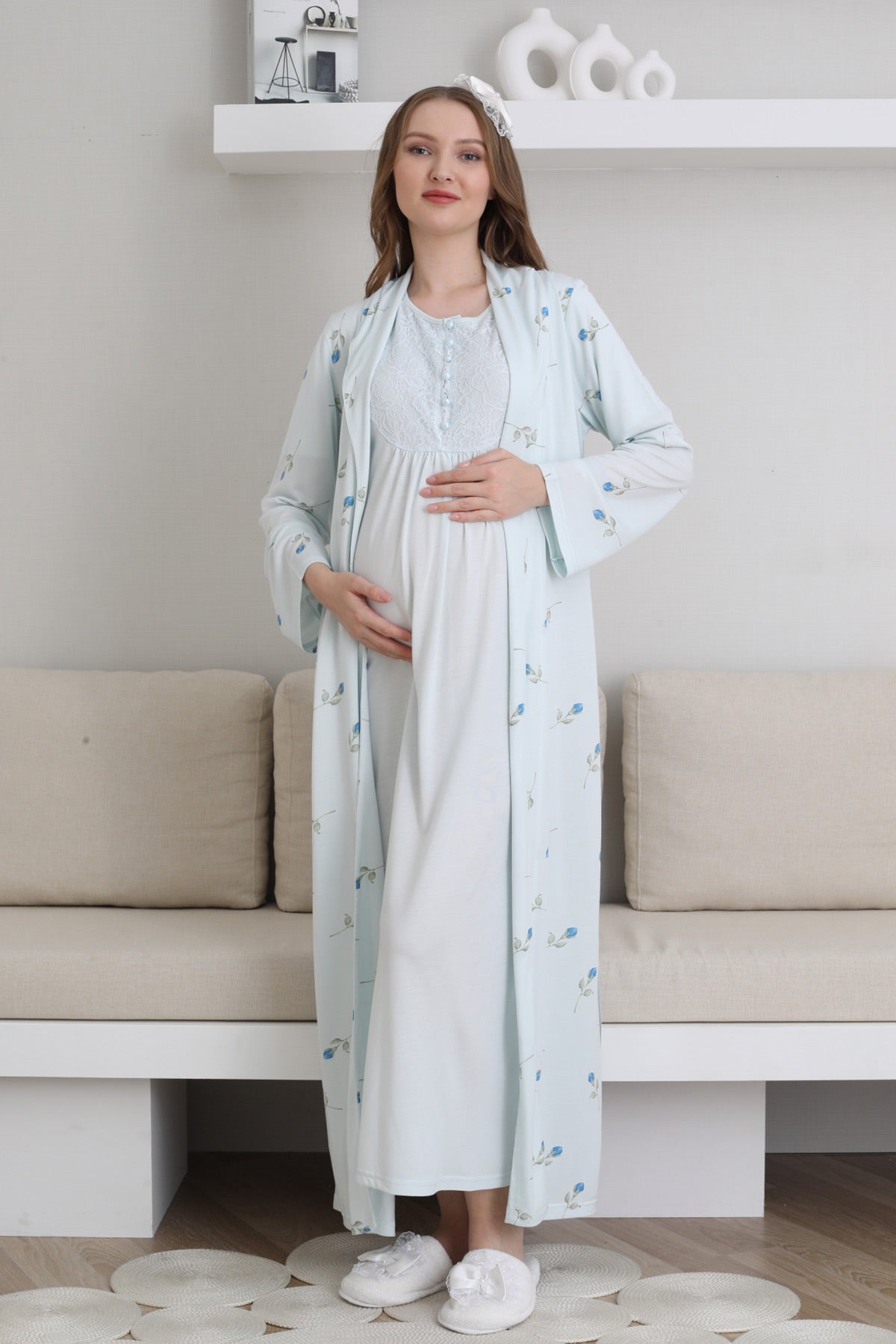 Guipure Collar Maternity-Nursing Nightgown & Patterned Robe Set Blue - 2300
