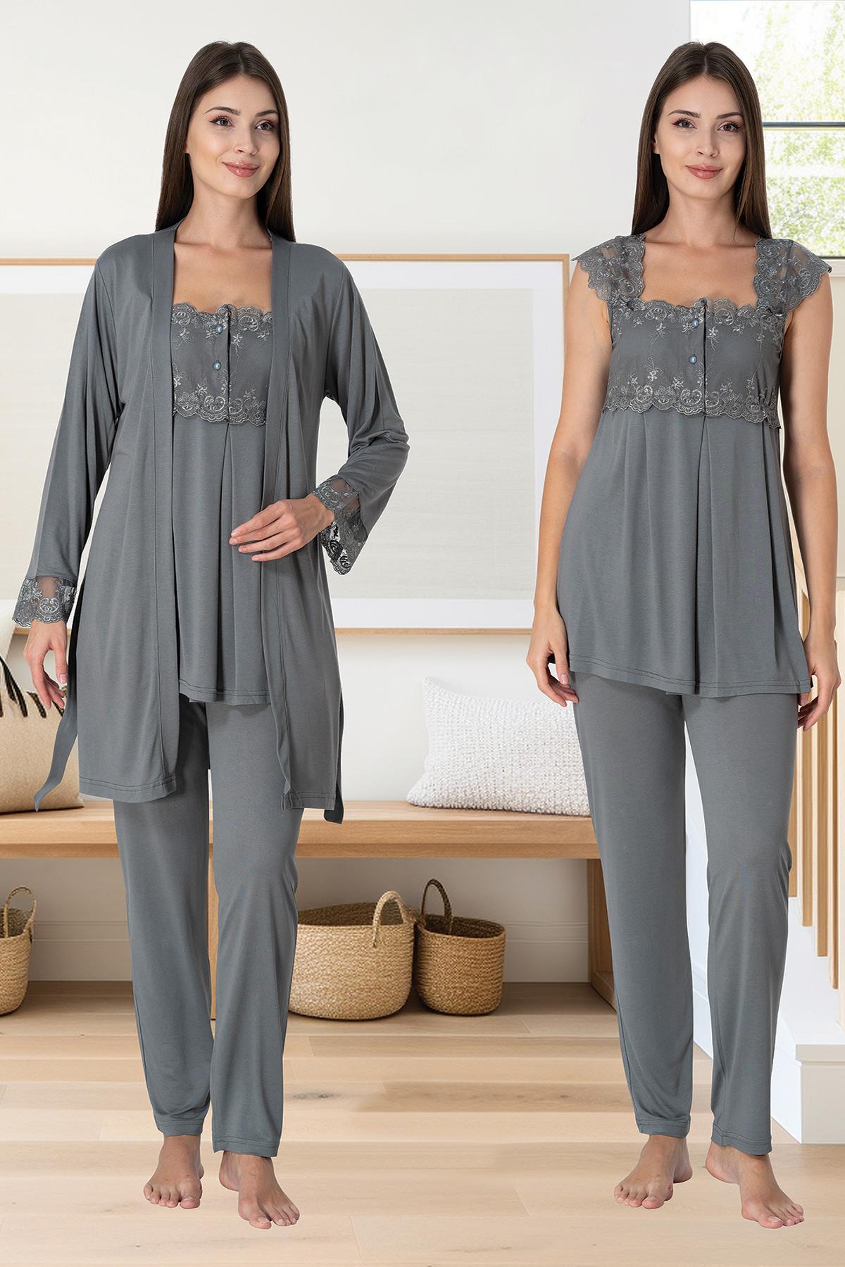 Lace Shoulder 3-Piece Maternity-Nursing Pajama & Robe Set Anthracite - 2301