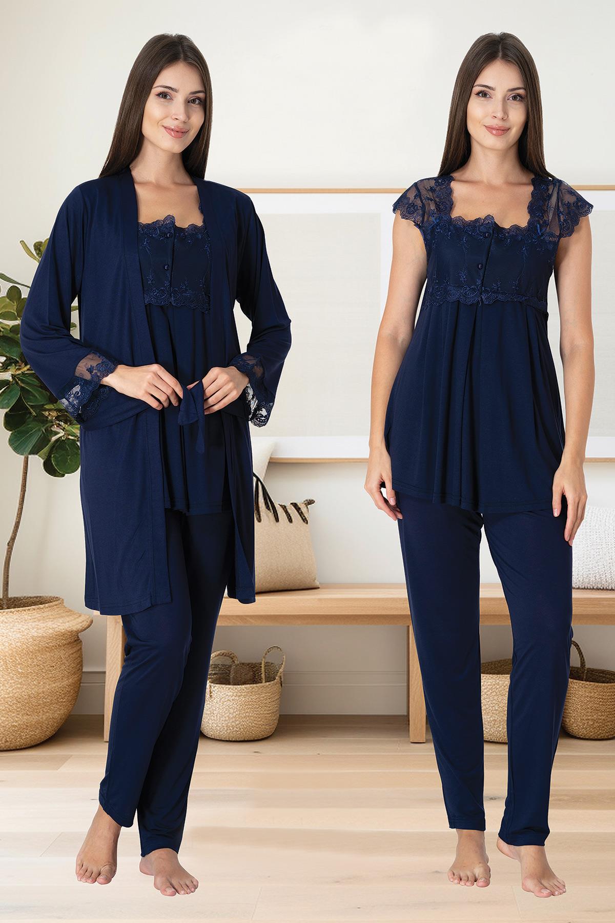 Lace Shoulder 3-Piece Maternity-Nursing Pajama & Robe Set Navy Blue - 2301