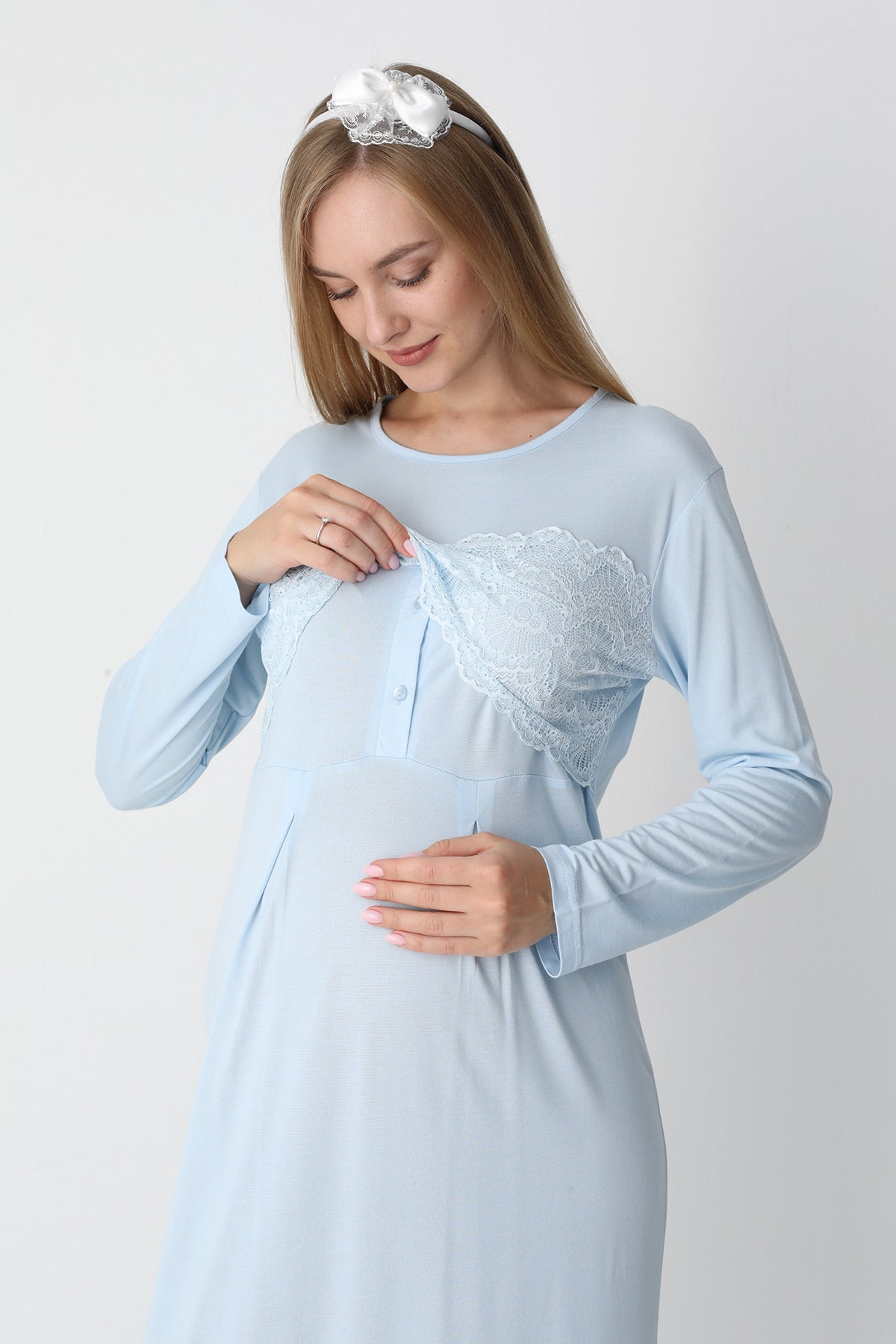 Lace Detailed Maternity-Nursing Nightgown & Flywheel Arm Robe Set Blue - 2301