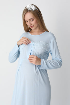 Lace Detailed Maternity-Nursing Nightgown & Flywheel Arm Robe Set Blue - 2301