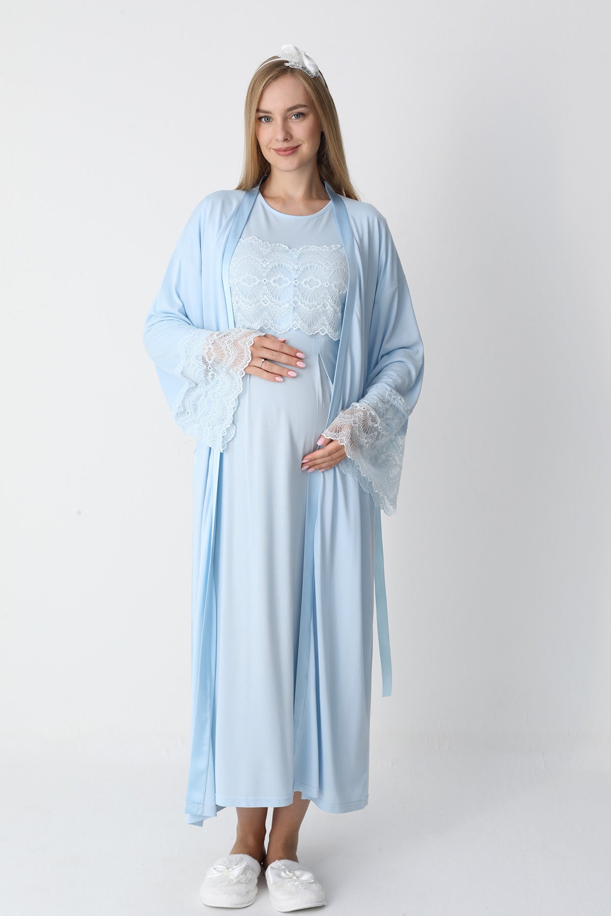 Lace Detailed Maternity-Nursing Nightgown & Flywheel Arm Robe Set Blue - 2301