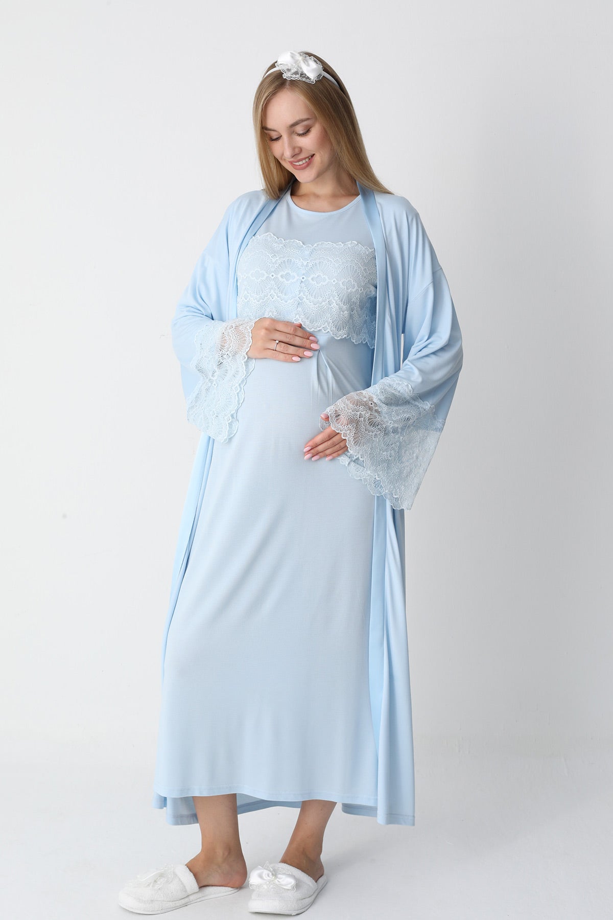 Lace Detailed Maternity-Nursing Nightgown & Flywheel Arm Robe Set Blue - 2301