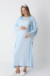 Lace Detailed Maternity-Nursing Nightgown & Flywheel Arm Robe Set Blue - 2301
