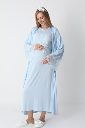 Lace Detailed Maternity-Nursing Nightgown & Flywheel Arm Robe Set Blue - 2301