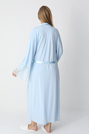 Lace Detailed Maternity-Nursing Nightgown & Flywheel Arm Robe Set Blue - 2301