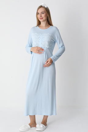 Lace Detailed Maternity-Nursing Nightgown & Flywheel Arm Robe Set Blue - 2301