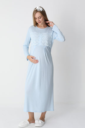 Lace Detailed Maternity-Nursing Nightgown & Flywheel Arm Robe Set Blue - 2301