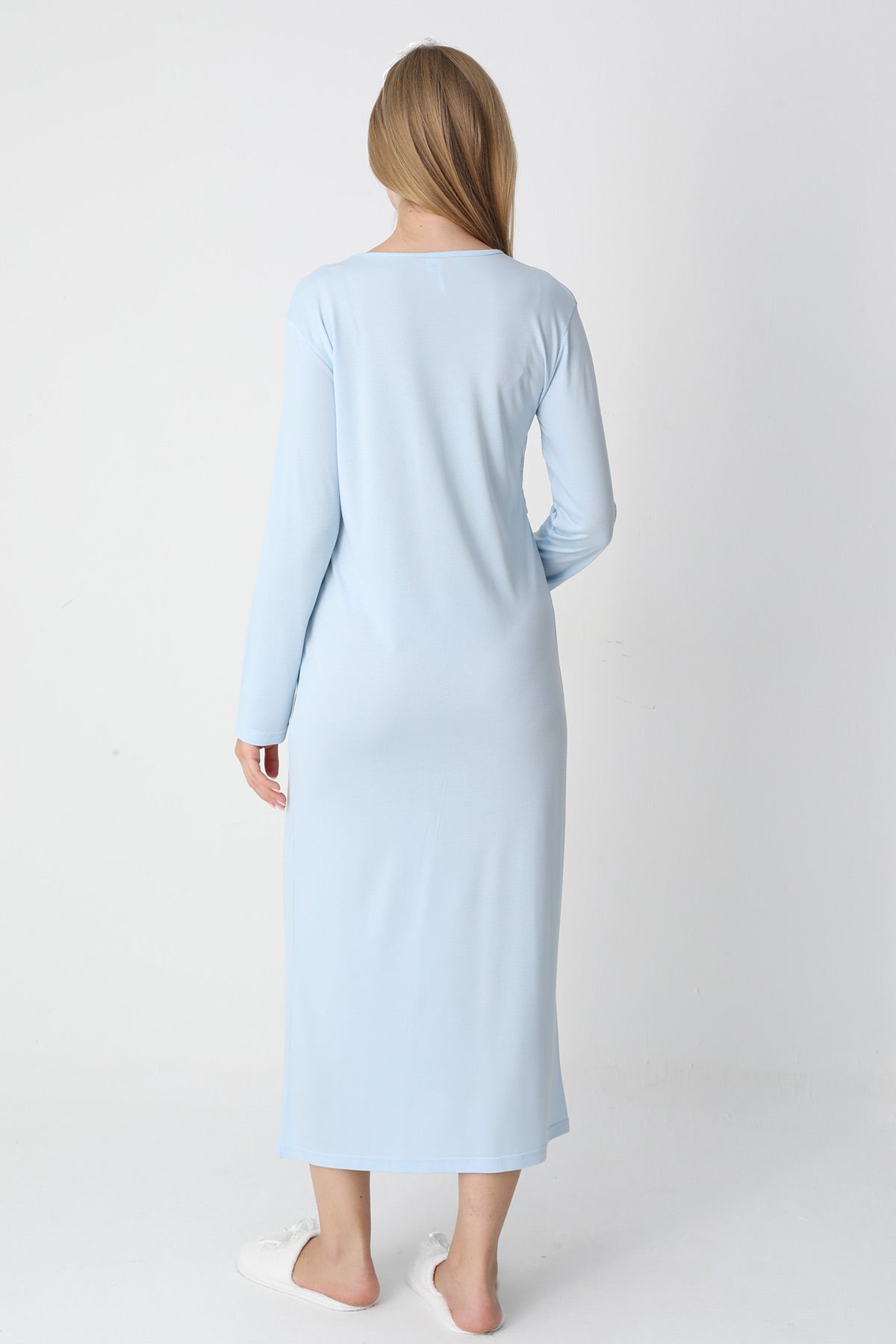 Lace Detailed Maternity-Nursing Nightgown & Flywheel Arm Robe Set Blue - 2301