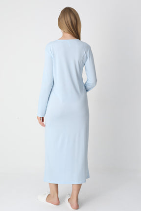 Lace Detailed Maternity-Nursing Nightgown & Flywheel Arm Robe Set Blue - 2301