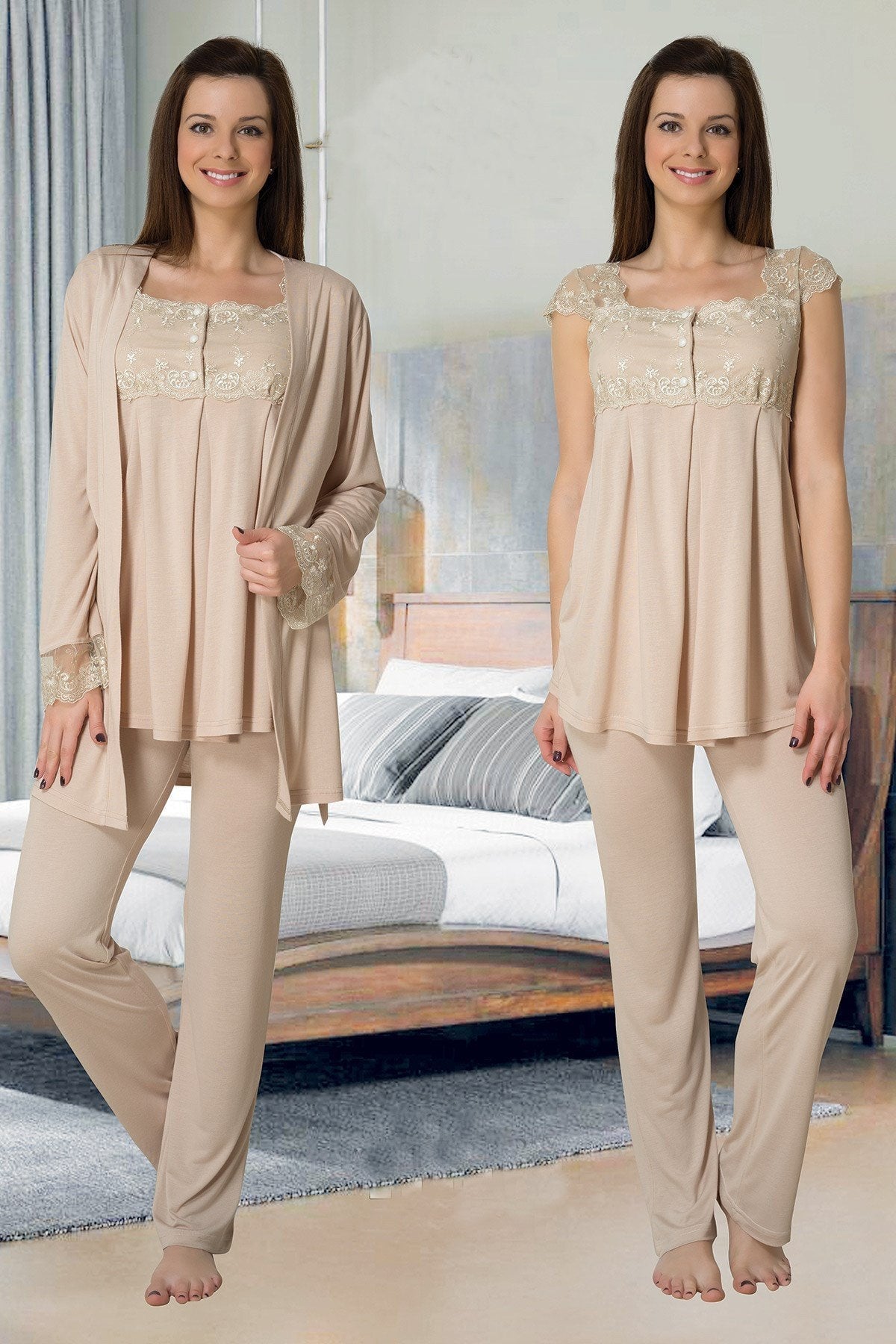 Lace Shoulder 3-Piece Maternity-Nursing Pajama & Robe Set Coffee - 2301
