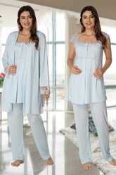 Lace Shoulder 3-Piece Maternity-Nursing Pajama & Robe Set Blue - 2301