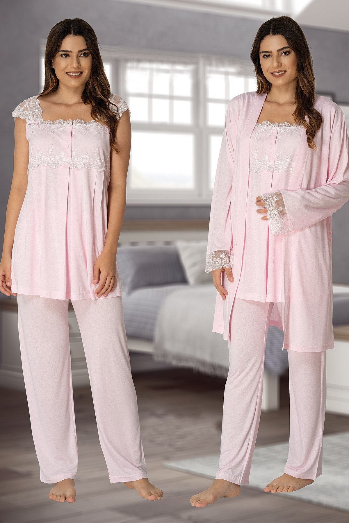 Lace Shoulder 3-Piece Maternity-Nursing Pajama & Robe Set Pink - 2301