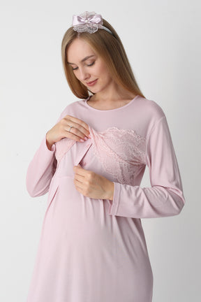 Lace Detailed Maternity-Nursing Nightgown & Flywheel Arm Robe Set Powder - 2301