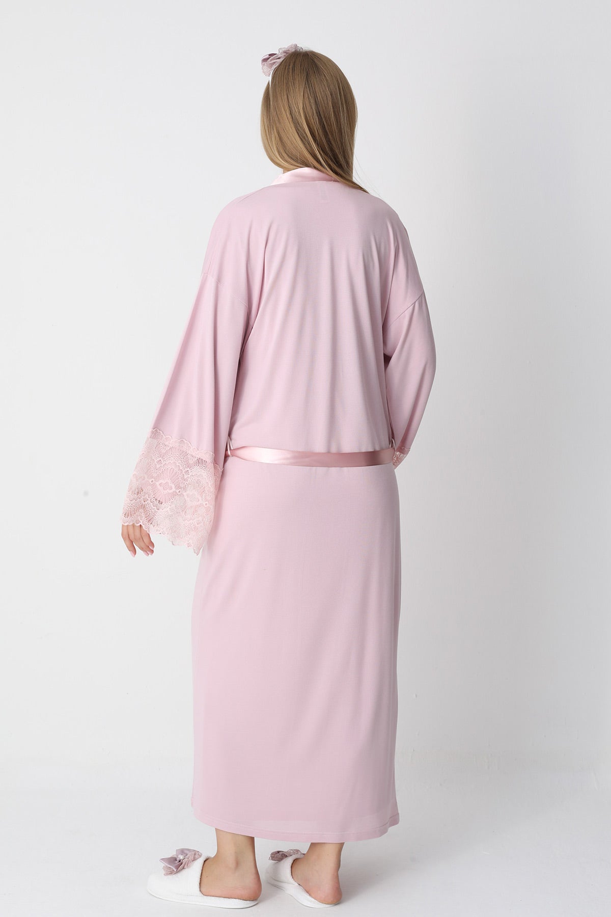 Lace Detailed Maternity-Nursing Nightgown & Flywheel Arm Robe Set Powder - 2301