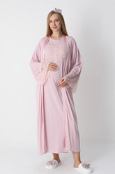 Lace Detailed Maternity-Nursing Nightgown & Flywheel Arm Robe Set Powder - 2301