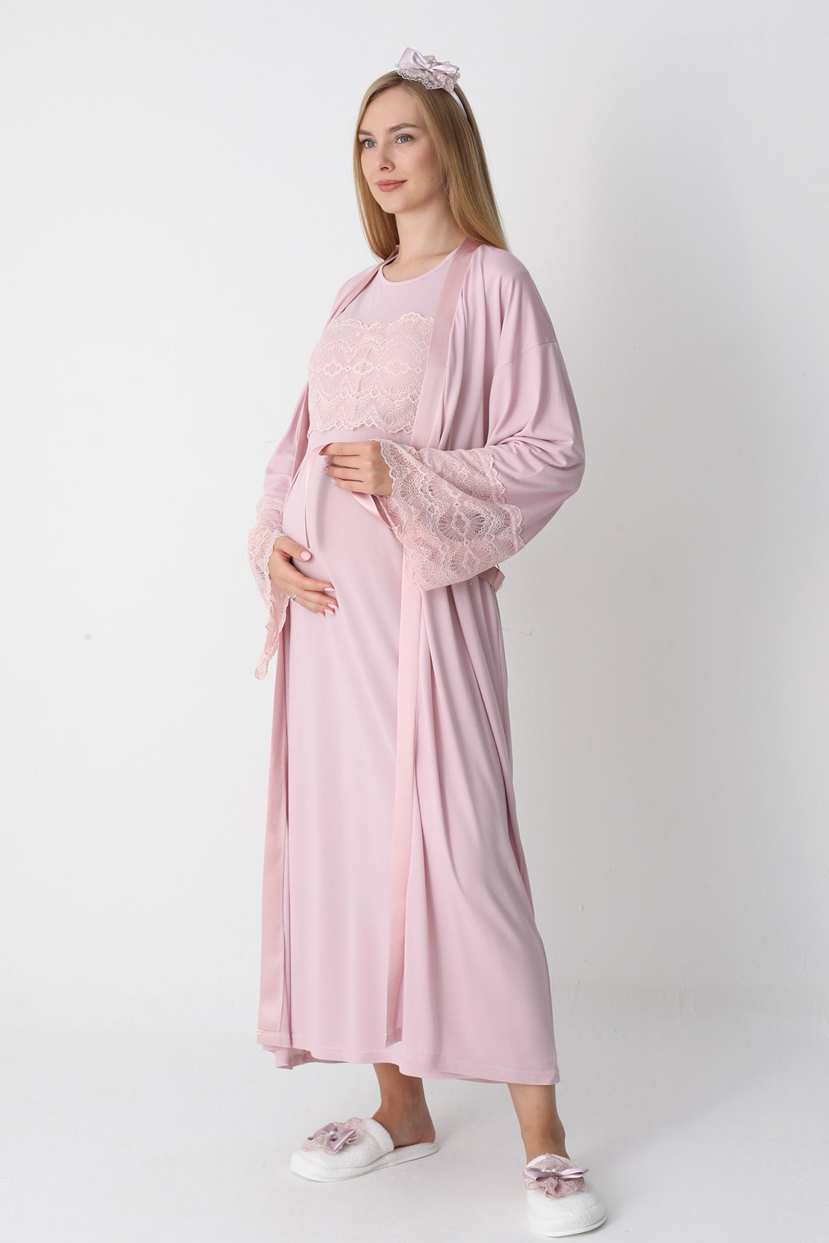 Lace Detailed Maternity-Nursing Nightgown & Flywheel Arm Robe Set Powder - 2301