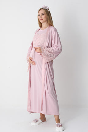 Lace Detailed Maternity-Nursing Nightgown & Flywheel Arm Robe Set Powder - 2301