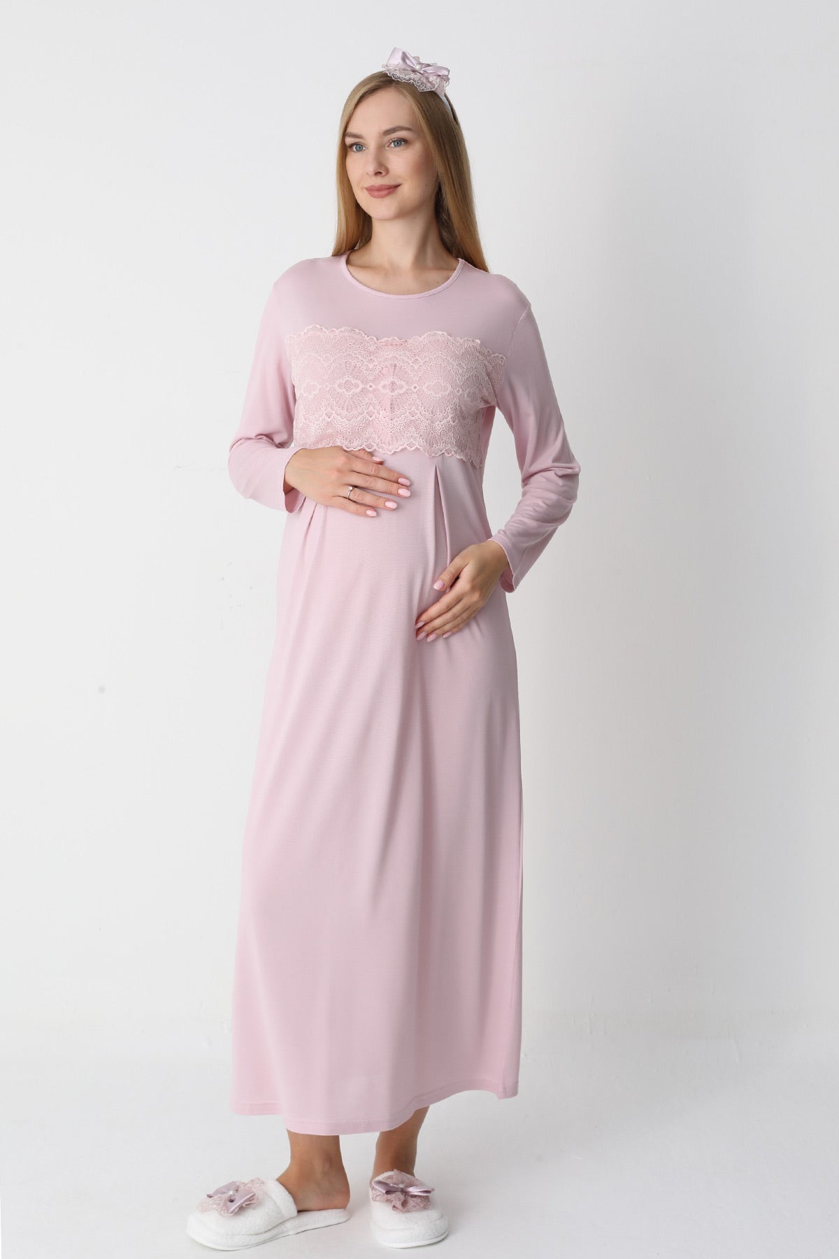 Lace Detailed Maternity-Nursing Nightgown & Flywheel Arm Robe Set Powder - 2301