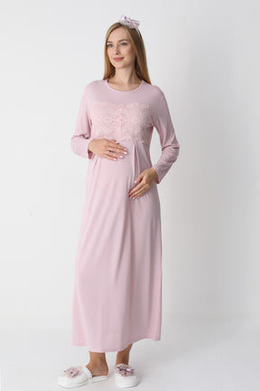 Lace Detailed Maternity-Nursing Nightgown & Flywheel Arm Robe Set Powder - 2301