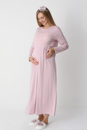 Lace Detailed Maternity-Nursing Nightgown & Flywheel Arm Robe Set Powder - 2301