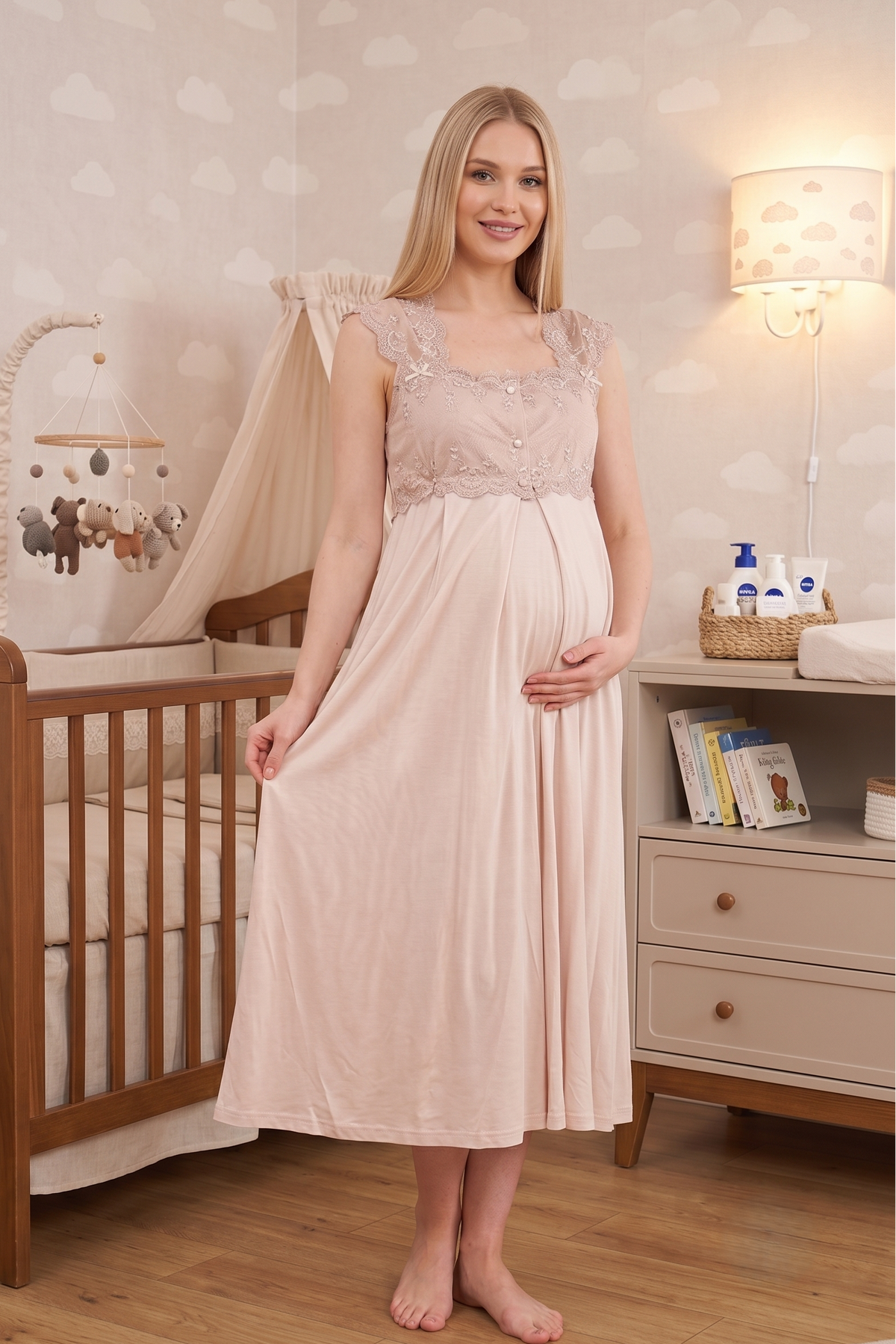 Lace Shoulder Maternity-Nursing Nightgown & Robe Set Mink - 2302