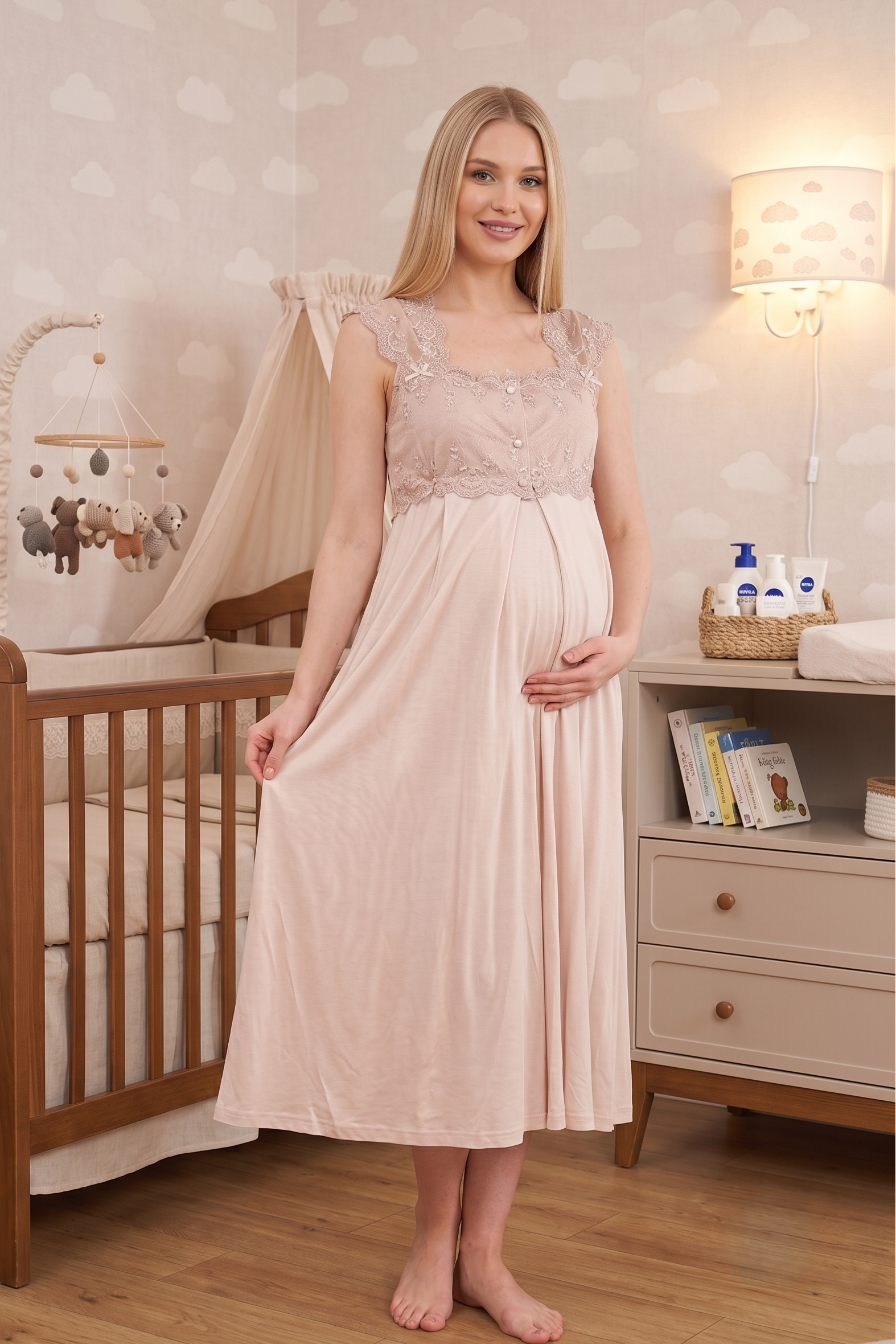 Lace Shoulder Maternity-Nursing Nightgown & Robe Set Mink - 2302