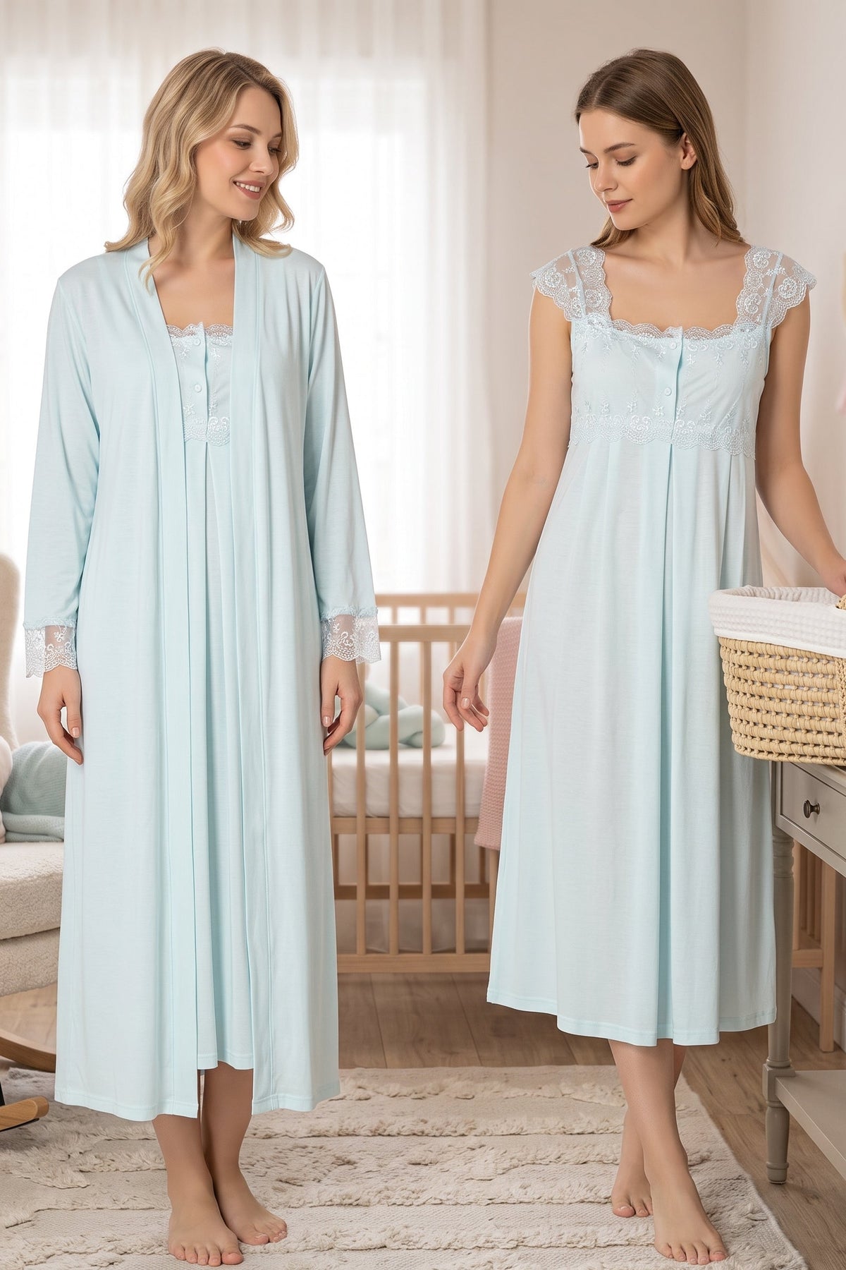 Lace Shoulder Maternity-Nursing Nightgown & Robe Set Turquoise - 2302