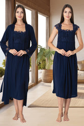 Lace Shoulder Maternity-Nursing Nightgown & Robe Set Navy Blue - 2302