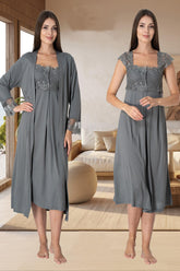 Lace Shoulder Maternity-Nursing Nightgown & Robe Set Anthracite - 2302