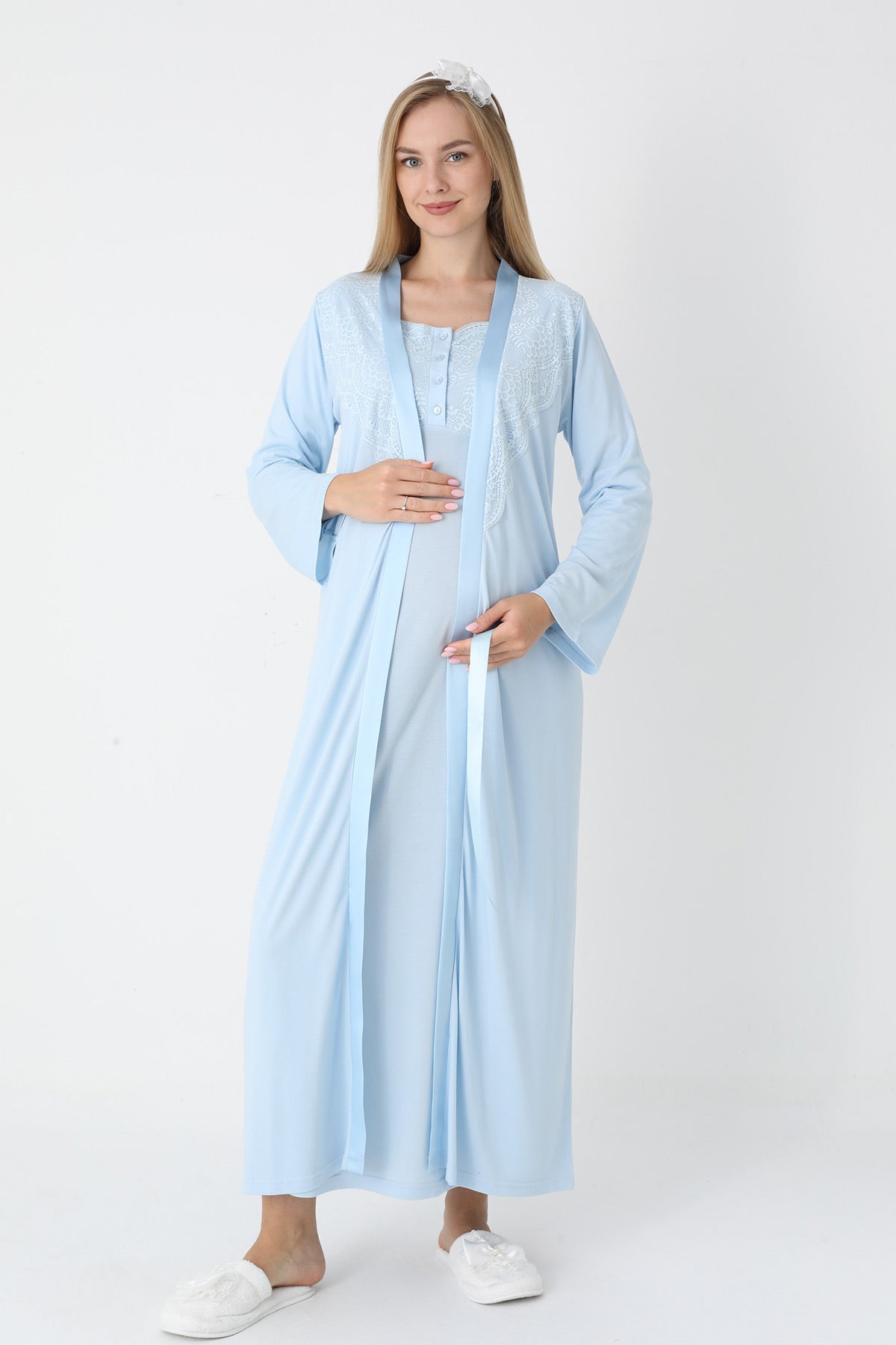Lace Collar Maternity-Nursing Nightgown & Robe Set Blue - 2302